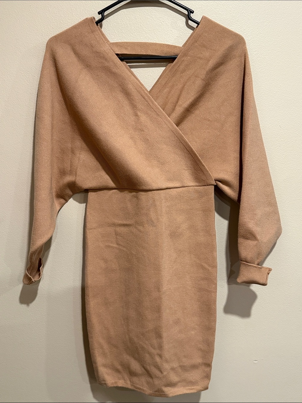 GB Knit Surplice Sweater Dress in Camel Casual Elevated Elegant